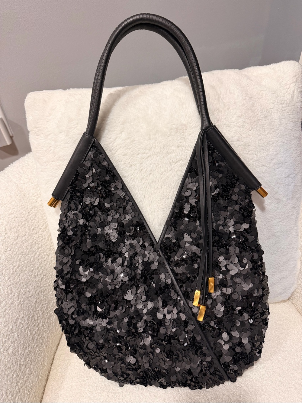 Donna Karan Black Sequin Hobo Bag with Gold Accents